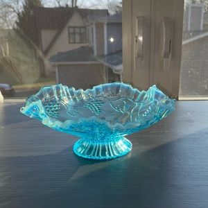 Fenton Blue Opalescent Glass Scroll & Eye Pattern Compote Circa 1960s